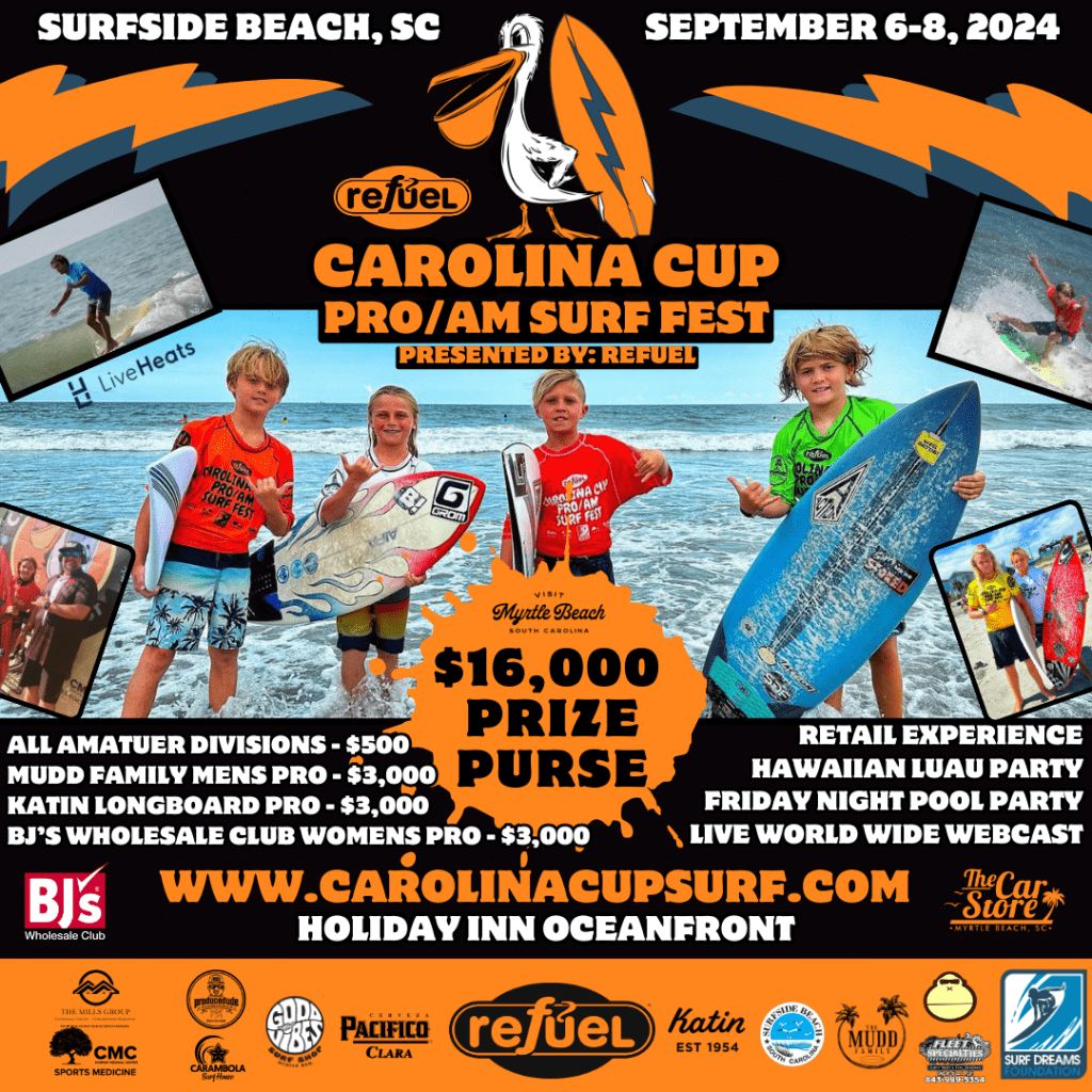 Surf Contest Flyer with kids and ocean.